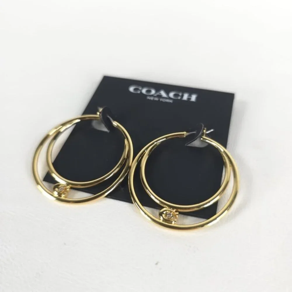 NWT COACH Women's Signature Double Hoop Gold Earrings with Cubic Zirconia Detail - Picture 3 of 11